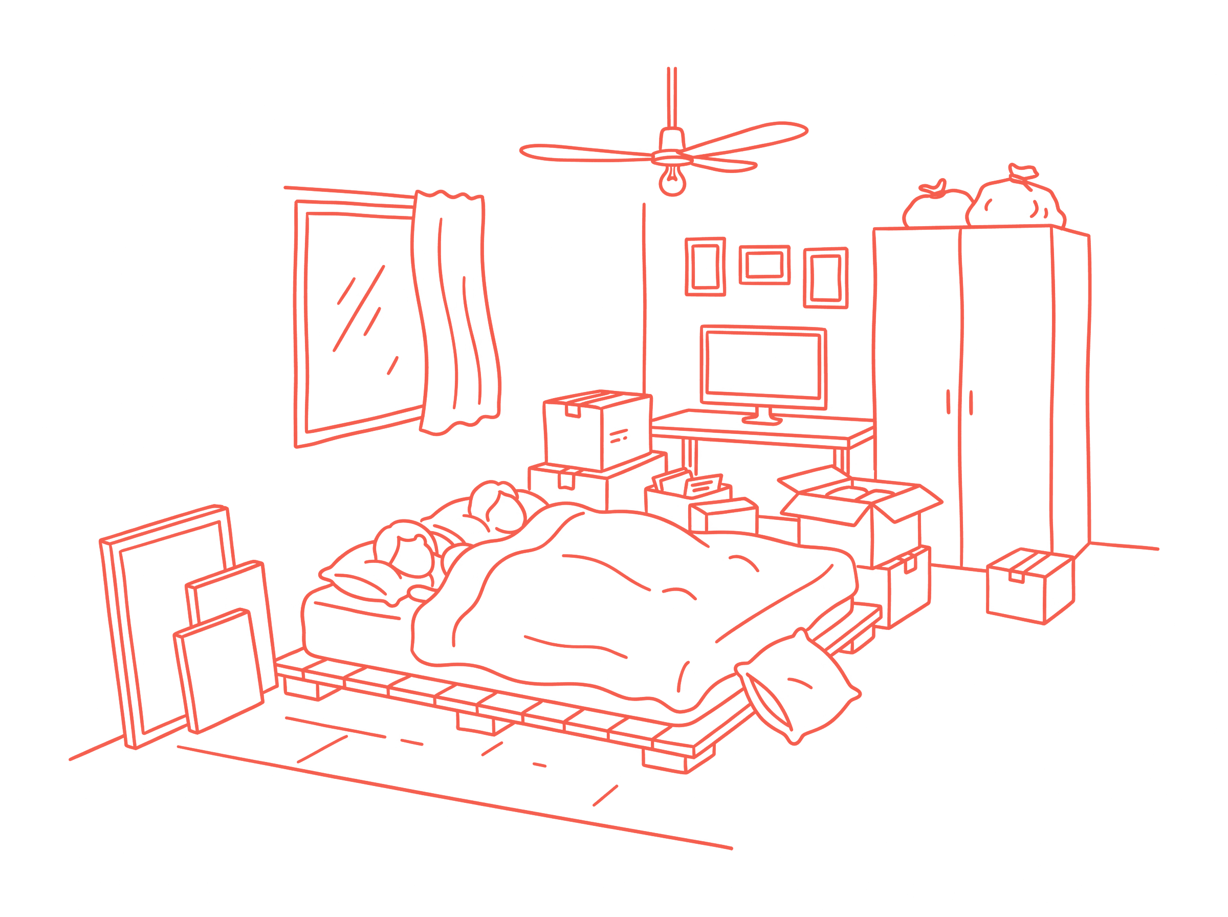 Line drawing of a bedroom at dawn with paintings stacked against the wall.