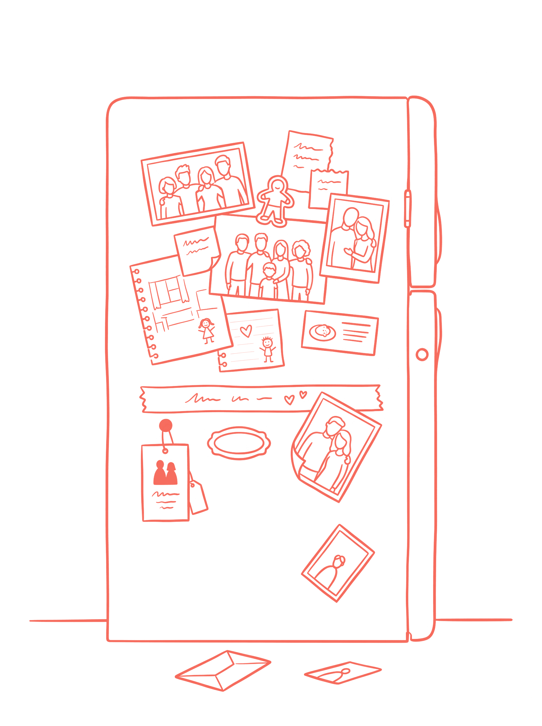Line drawing of a kitchen fridge covered in photos and memories.
